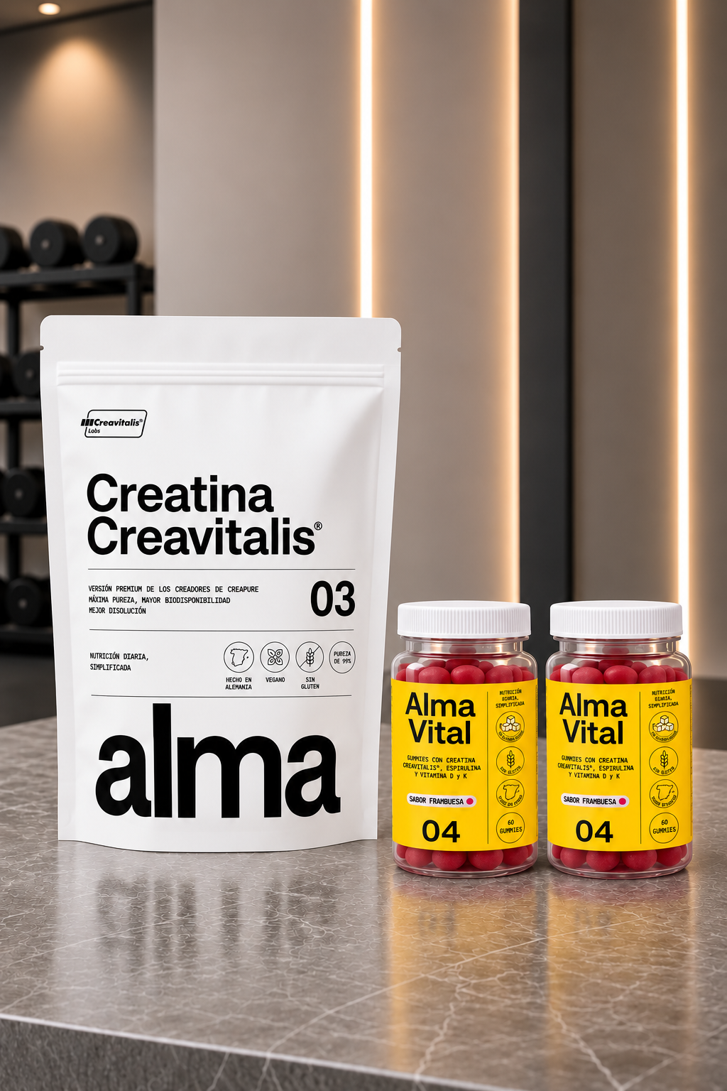 Pack Creatina Creavitalis® y 2 Botes Gummies de Creatina, Espirulina y Vitaminas D3 y K2