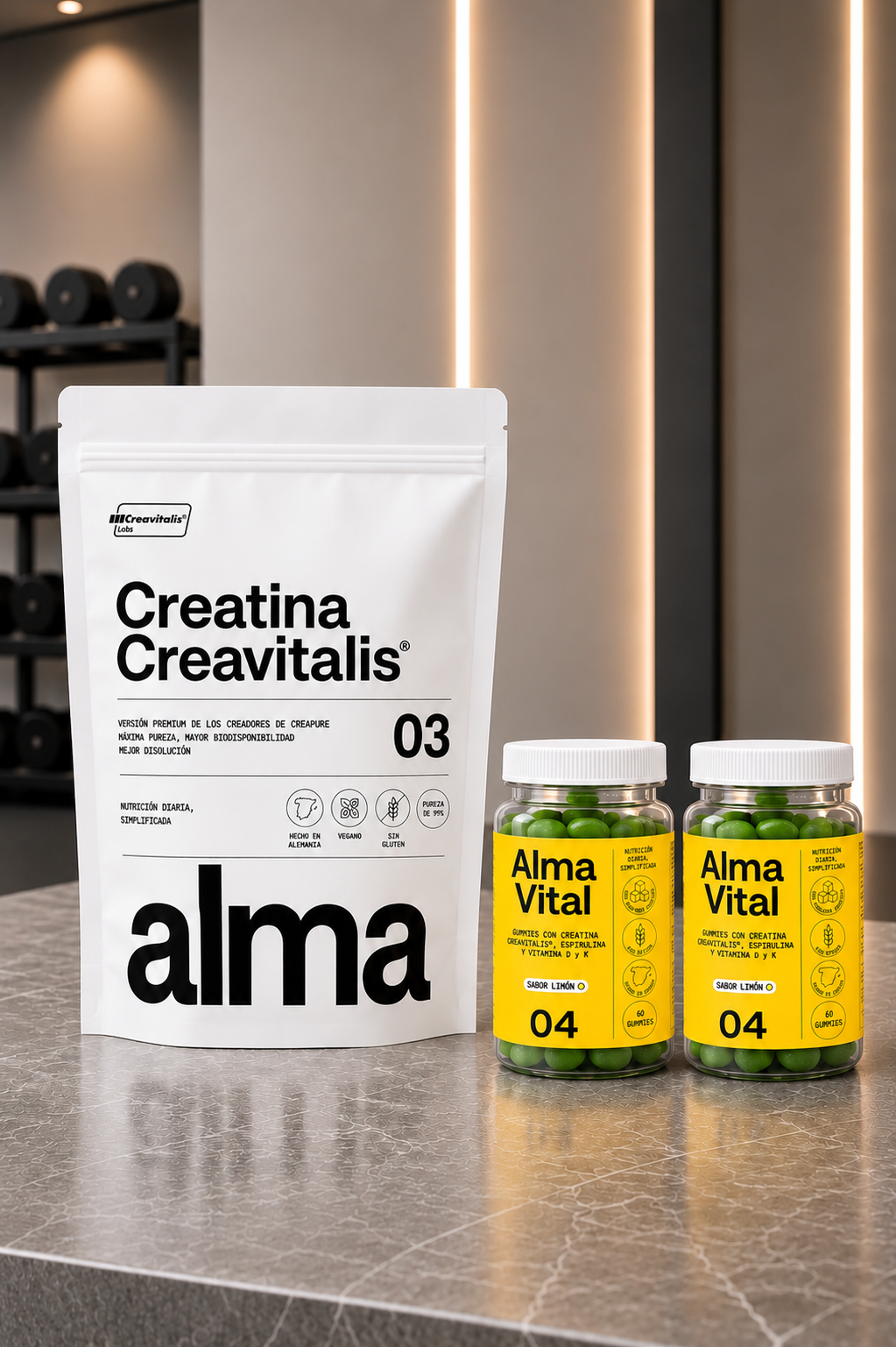 Pack Creatina Creavitalis® y 2 Botes Gummies de Creatina, Espirulina y Vitaminas D3 y K2